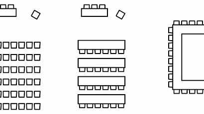 schematic layout of cinema, school, and round-table setups