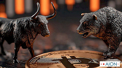 A dark metallic bull and bear figurine facing each other over a bronze Bitcoin token, with a blurred financial chart in the background and the Aion logo in the corner