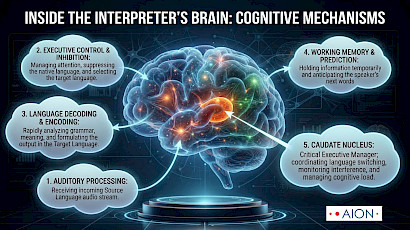 Illustration of the interpreter’s brain with five numbered areas: auditory processing, executive control, language decoding, working memory and the caudate nucleus. Your “zen brains” jolt could go in a visible caption instead.